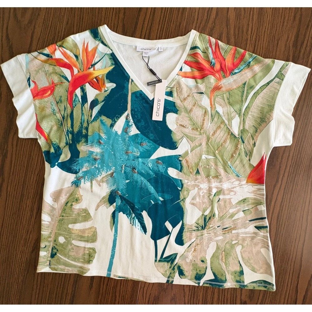 NWT! Chicos Women Zenergy UPF 2/Lrg White Tropical Palm Leaf Sequin V-Neck Cap